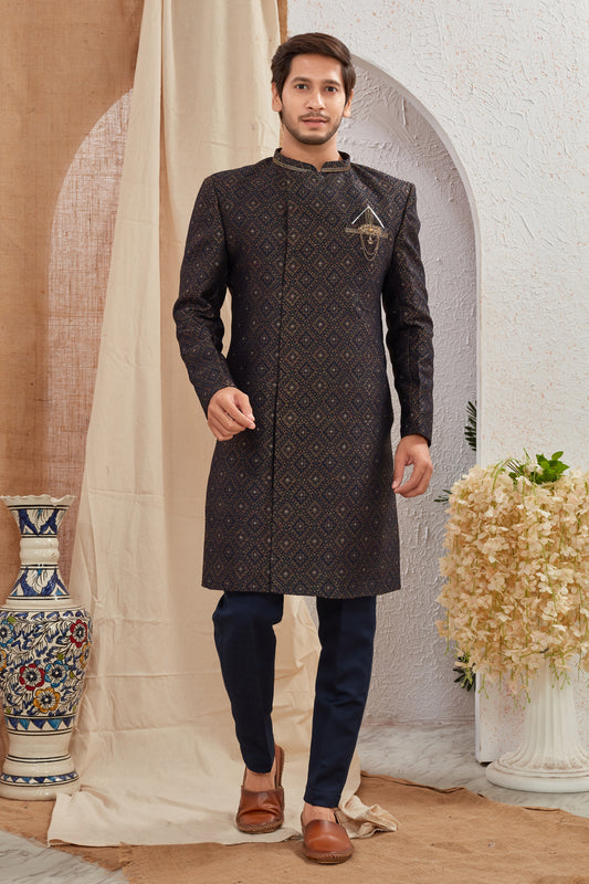 Men's Indian Designer Wedding Festive Wear Asymmetric Sherwani with Navy Blue Churidar Pants