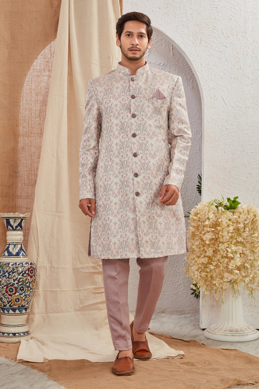 Men's Indian Designer Wedding Festive Wear Asymmetric Sherwani with White Churidar Pants