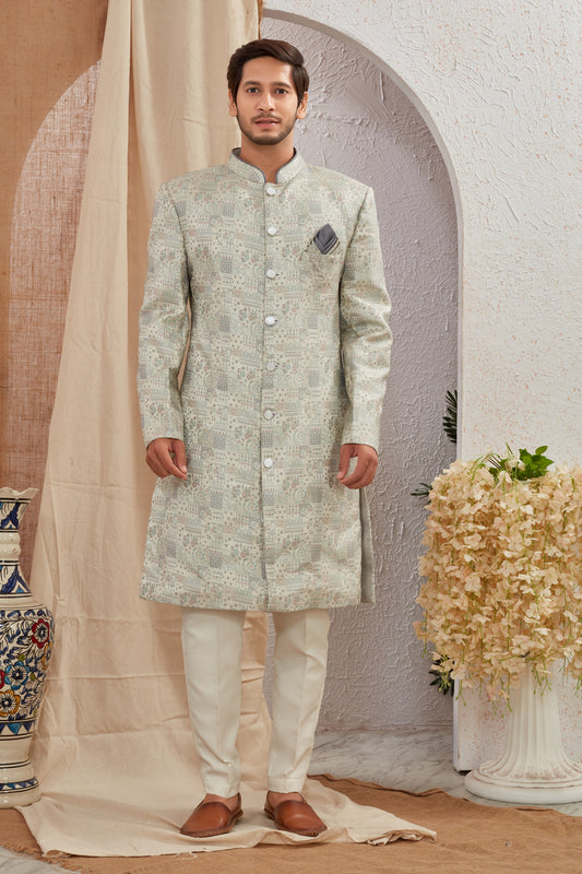 Men's Indian Designer Wedding Festive Wear Asymmetric Sherwani with White Churidar Pants