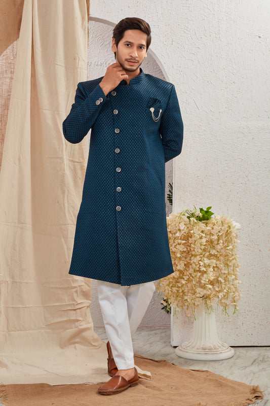 Men's Indian Designer Wedding Festive Wear Asymmetric Sherwani with White Churidar Pants