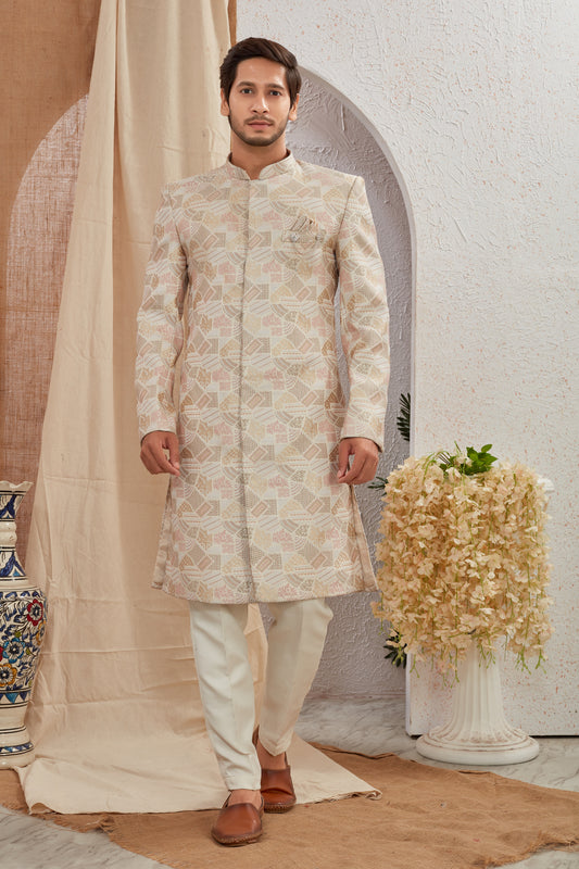 Men's Indian Designer Wedding Festive Wear Asymmetric Sherwani with White Churidar Pants