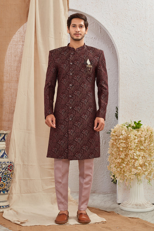 Men's Indian Designer Wedding Festive Wear Asymmetric Sherwani with White Churidar Pants