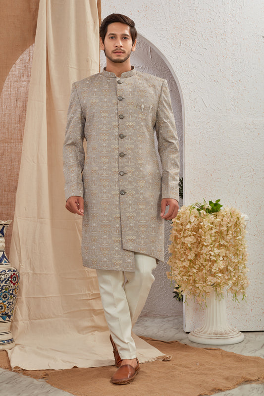 Men's Indian Designer Wedding Festive Wear Asymmetric Sherwani with White Churidar Pants