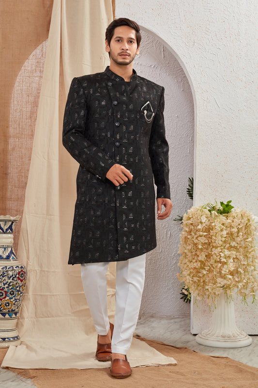 Men's Indian Designer Wedding Festive Wear Asymmetric Sherwani with White Churidar Pants
