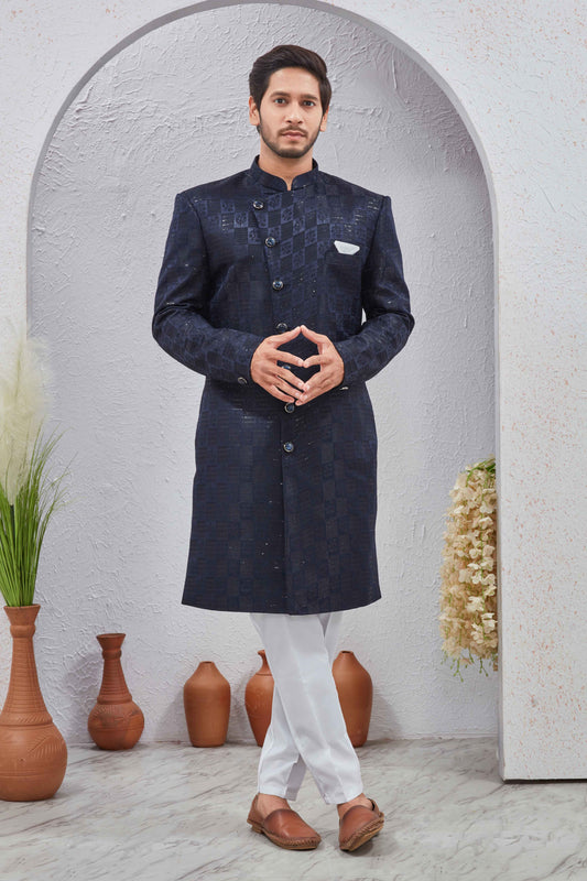 Men's Indian Designer Wedding Festive Wear Asymmetric Sherwani with White Churidar Pants