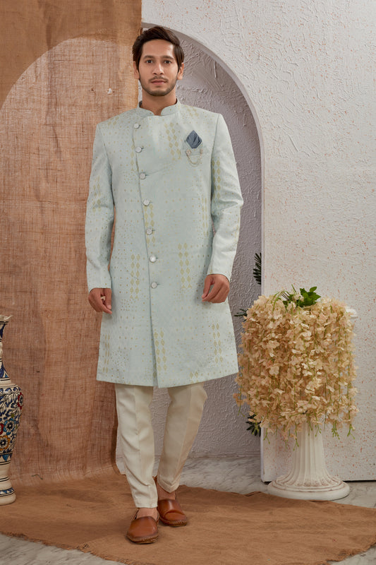 Men's Indian Designer Wedding Festive Wear Asymmetric Sherwani with White Churidar Pants