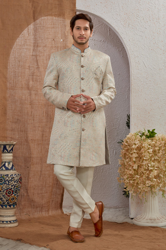 Men's Indian Designer Wedding Festive Wear Asymmetric Sherwani with White Churidar Pants