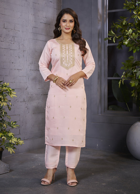 Elegant Light Peach Embroidered Kurta Set for Women – Festive & Casual Wear