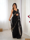Star Black Georgette Saree with Silver Floral Embellishments and Gold Border