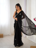 Star Black Georgette Saree with Silver Floral Embellishments and Gold Border
