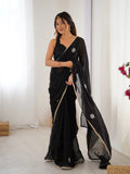 Star Black Georgette Saree with Silver Floral Embellishments and Gold Border