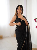 Star Black Georgette Saree with Silver Floral Embellishments and Gold Border