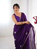 Star Purple Georgette Saree with Silver Floral Embellishments and Gold Border