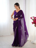 Star Purple Georgette Saree with Silver Floral Embellishments and Gold Border