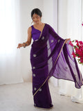 Star Purple Georgette Saree with Silver Floral Embellishments and Gold Border
