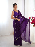 Star Purple Georgette Saree with Silver Floral Embellishments and Gold Border