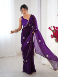 Star Purple Georgette Saree with Silver Floral Embellishments and Gold Border