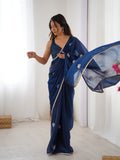 Star Teal Blue Georgette Saree with Silver Floral Embellishments and Gold Border