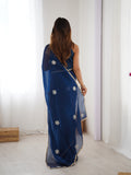 Star Teal Blue Georgette Saree with Silver Floral Embellishments and Gold Border