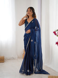Star Teal Blue Georgette Saree with Silver Floral Embellishments and Gold Border