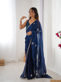 Star Teal Blue Georgette Saree with Silver Floral Embellishments and Gold Border