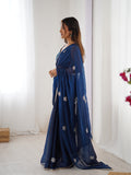 Star Teal Blue Georgette Saree with Silver Floral Embellishments and Gold Border