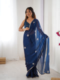 Star Teal Blue Georgette Saree with Silver Floral Embellishments and Gold Border