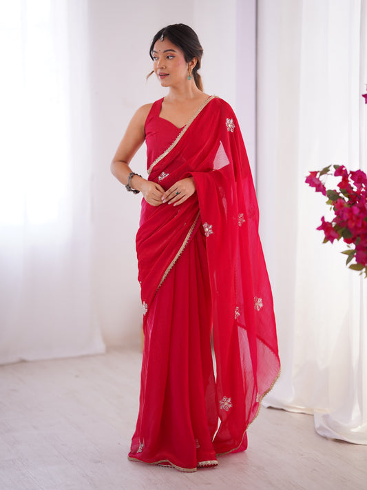 Star Red Georgette Saree with Silver Floral Embellishments and Gold Border