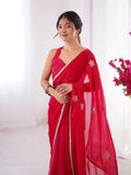 Star Red Georgette Saree with Silver Floral Embellishments and Gold Border