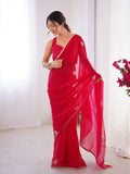 Star Red Georgette Saree with Silver Floral Embellishments and Gold Border