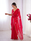 Star Red Georgette Saree with Silver Floral Embellishments and Gold Border