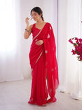 Star Red Georgette Saree with Silver Floral Embellishments and Gold Border