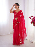Star Red Georgette Saree with Silver Floral Embellishments and Gold Border