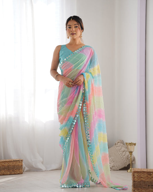 Pastel Rainbow Mirror Work Saree Lightweight Georgette Saree for Festive & Daytime Occasions