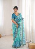 Sky Blue Georgette Chiffon Saree with Gold Embroidered Border