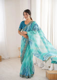 Sky Blue Georgette Chiffon Saree with Gold Embroidered Border
