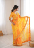 Yellow Georgette Chiffon Saree with Gold Embroidered Border
