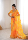 Yellow Georgette Chiffon Saree with Gold Embroidered Border