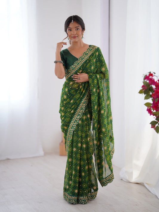 Green Printed Georgette Saree Gold Embroidered Border