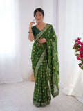 Green Printed Georgette Saree Gold Embroidered Border