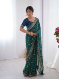 Teal Blue Printed Georgette Saree Gold Embroidered Border