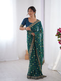 Teal Blue Printed Georgette Saree Gold Embroidered Border