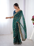 Teal Blue Printed Georgette Saree Gold Embroidered Border