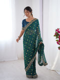 Teal Blue Printed Georgette Saree Gold Embroidered Border