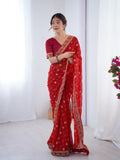 Red Printed Georgette Saree Gold Embroidered Border