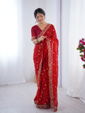 Red Printed Georgette Saree Gold Embroidered Border