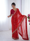 Red Printed Georgette Saree Gold Embroidered Border
