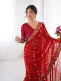 Red Printed Georgette Saree Gold Embroidered Border