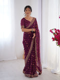 Wine Printed Georgette Saree Gold Embroidered Border