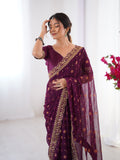 Wine Printed Georgette Saree Gold Embroidered Border